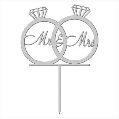 Топпер декоративный акриловый "Свадебные кольца "Mr&Mrs" на палочке" Серебро 10х8 см ТСК35